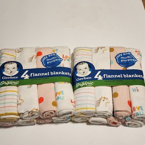 Gerber Organic 8 Flannel Blankets bundle 2 4-packs 30 x 30 Unicorn Love you Dots - Picture 1 of 6